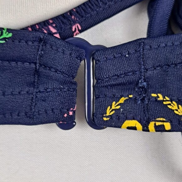 PINK Navy Blue Bikini Top Multi Color Logo Circle/Tie in Center Adj Neck Ties - Picture 7 of 12